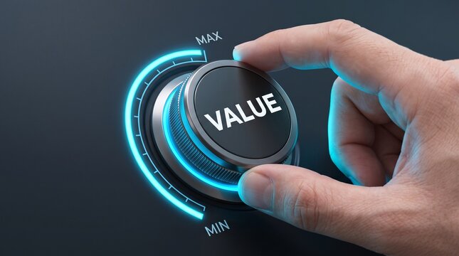 Hand turning a futuristic knob to maximize value concept