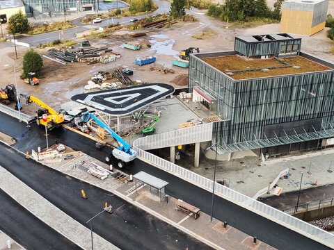 Espoo, Finland - September, 18th, 2026: Aerial view of Meritie street renovation near Finnoo metro station