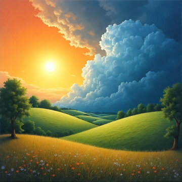 Golden sunset over rolling green hills and dramatic clouds