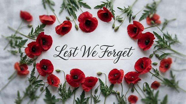 Remembrance day poppy arrangement with lest we forget calligraphy