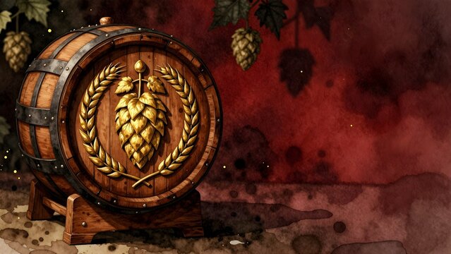 Wooden beer barrel with golden hop emblem vintage watercolor illustration
