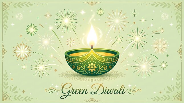 Festive green candle with glowing light and delicate snowflake background