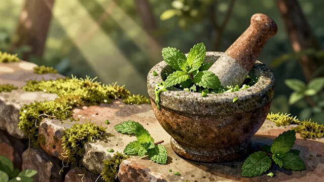 Mortar and pestle with fresh mint leaves on a mossy stone wall in sunlight
