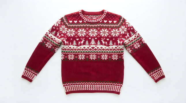 Red christmas sweater with white nordic snowflake and reindeer pattern