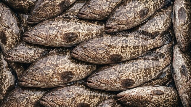 Landscape view of fresh brown spotted grouper fish forming a seamless pattern of organic marine textures for culinary advertisements, seafood market displays, and food industry designs.