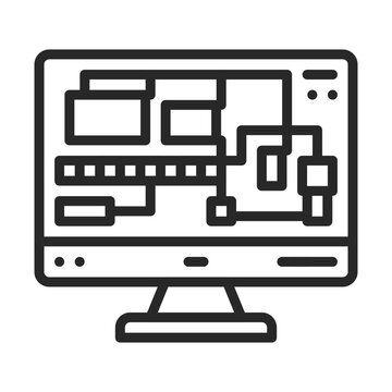 SCADA Software vector outline icon for industrial warehouse automation. AI industrial control system software sign. Automation, Control. Pictogram of industrial automation. 