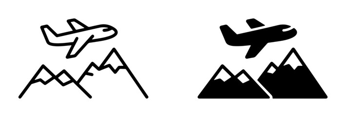 Airplane Flying Over Mountains, Travel Icons Set, Minimalist Vector Graphics for Aviation and Adventure Themes © Abdur