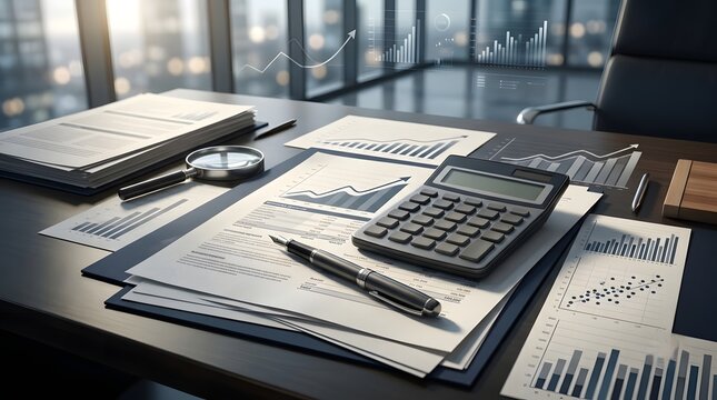 Office desk with calculator and financial documents