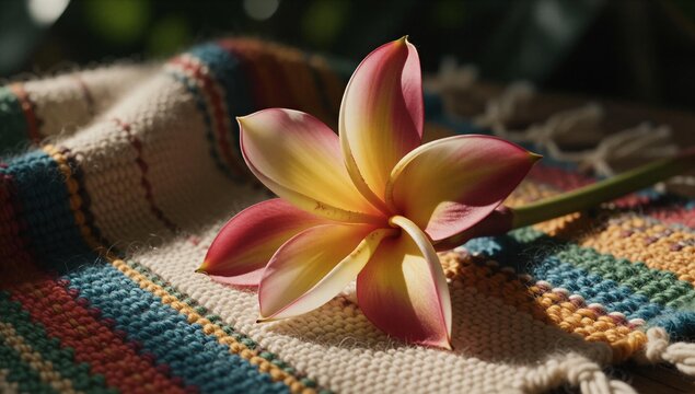 Vibrant tropical plumeria flower resting gracefully on a colorful woven textile with dramatic side lighting and rich material texture for creative backdrop design