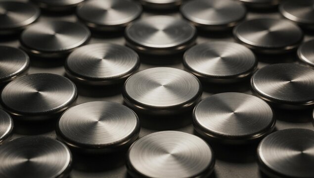 Brushed metal uniform buttons with abstract unmarked surfaces and dramatic side lighting creating a rich material texture composition for industrial design