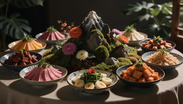 Exquisite gourmet food offerings arranged around a floral mountain centerpiece with dramatic side lighting and rich material textures on a covered dining table