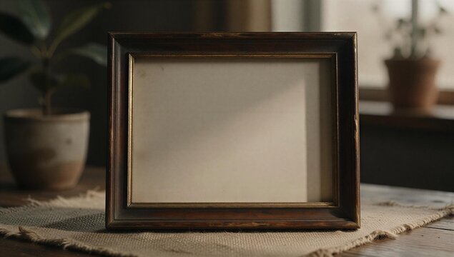 Rich material texture antique wooden photograph frame displaying an intentionally blank inner surface set against a moody cinematic near field product scene