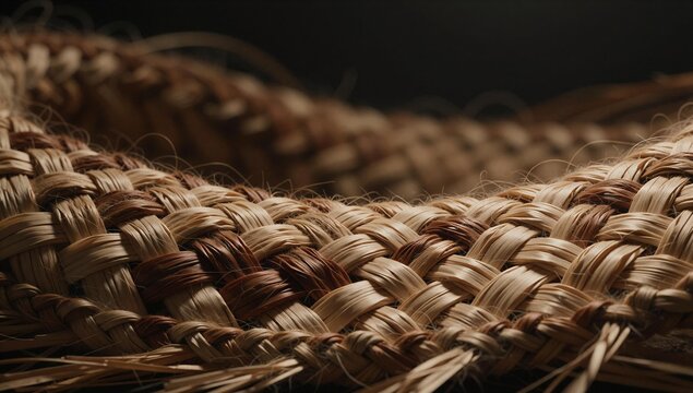 Close up product photograph showcasing intricate indigenous inspired woven natural fibers with rich material texture and moody cinematic lighting for your design
