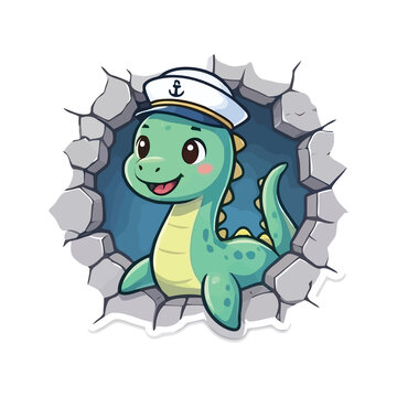 Cute cartoon dinosaur wearing a sailor hat peeking through a cracked wall hole