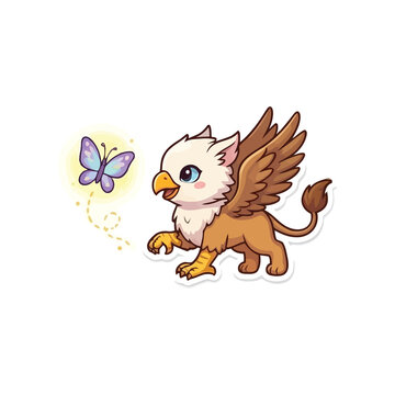 Cute pixel art baby griffin watching a glowing butterfly on a white background