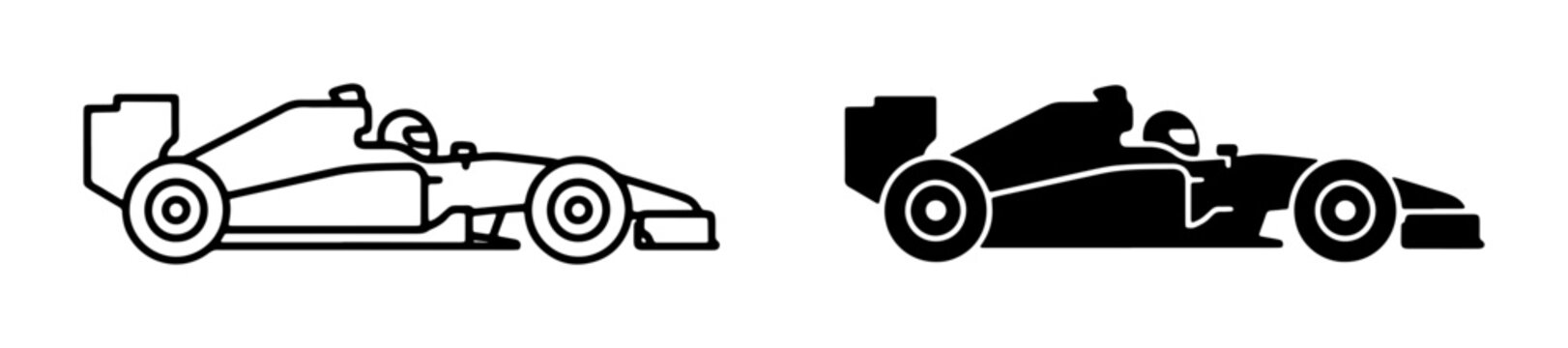 Formula 1 Racing Car Icons, Speed Vehicle Vector Graphics, Motorsport Silhouette and Outline Designs