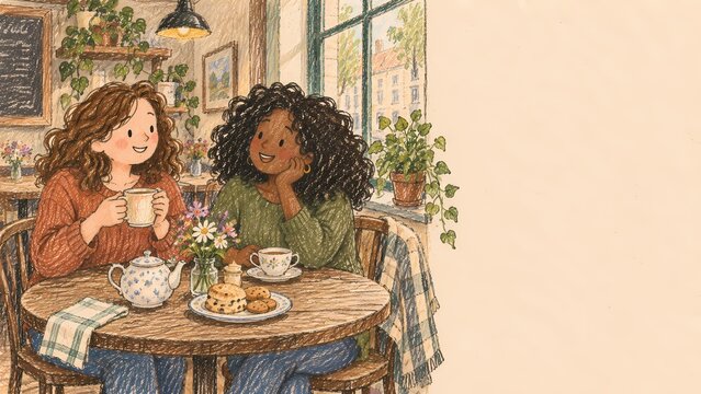 Two diverse friends enjoying a tea and coffee break together, crayon style illustration with copy space