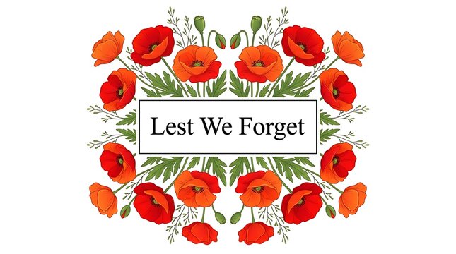 Remembrance day floral arrangement with poppies and lest we forget text