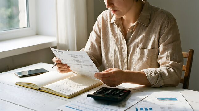 Focused on Finances: A young woman diligently reviews documents at her desk, surrounded by a calculator, notebook, and charts, symbolizing diligent financial management and planning.