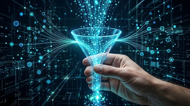 Hand pouring digital data particles from futuristic funnel
