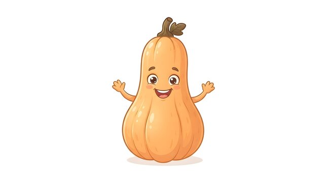 Cute cartoon butternut squash character with happy expression and arms open, isolated on white background