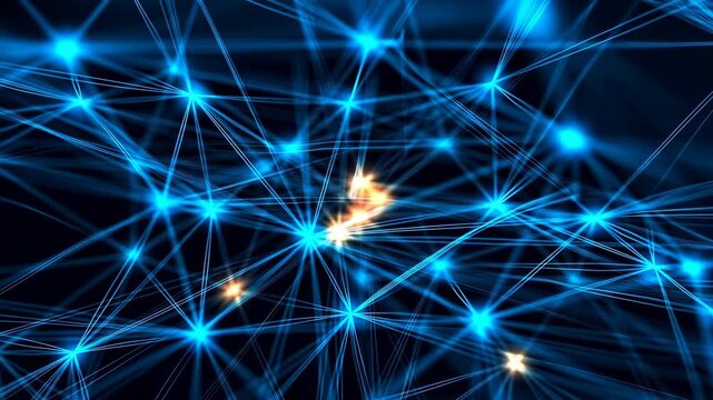 Glowing blue network lines and bright connected nodes shift across a dark abstract field, with warm orange highlights clustering near center as luminous links form layered digital depth