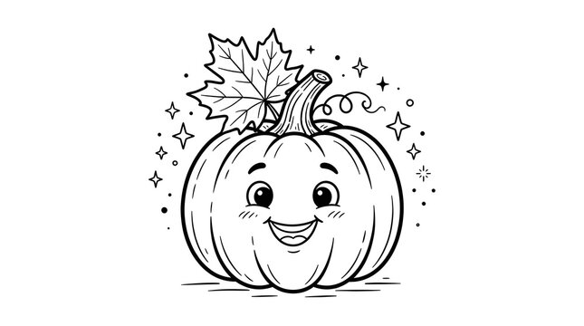 Cute cartoon pumpkin character with a maple leaf and stars, black and white line art illustration isolated on white background