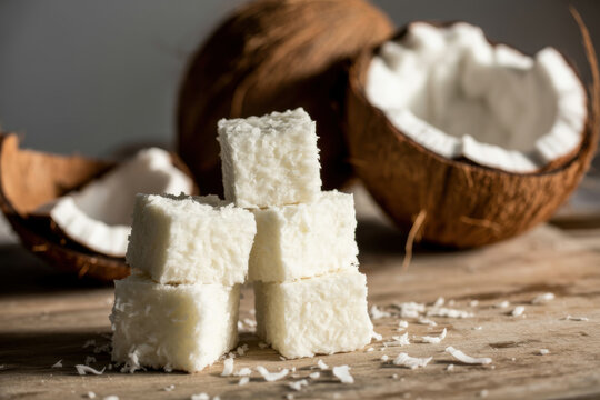 Delicious coconut candy cocada stacked on a wooden table with raw coconuts