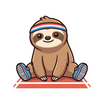 Cute cartoon sloth wearing a headband and sneakers sitting on a running track