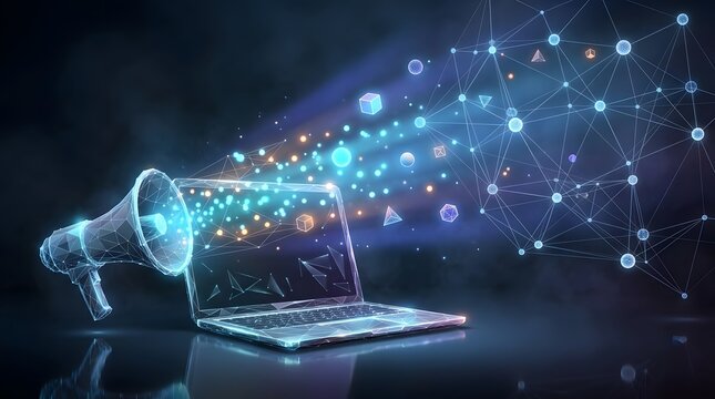 Laptop emitting futuristic digital particles and light