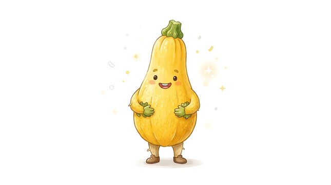 A cute cartoon butternut squash character with arms and legs, standing and smiling, isolated on white background