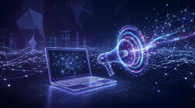 Laptop with futuristic data transfer network visualization
