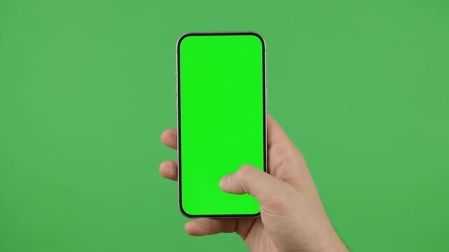 Male Hand Tapping Smartphone Green Screen Display Mockup on Chroma Key Background