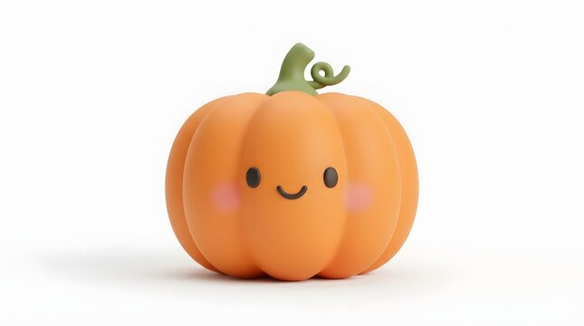 3d render of a cute orange pumpkin character with a smiling face and blushing cheeks, isolated on white background