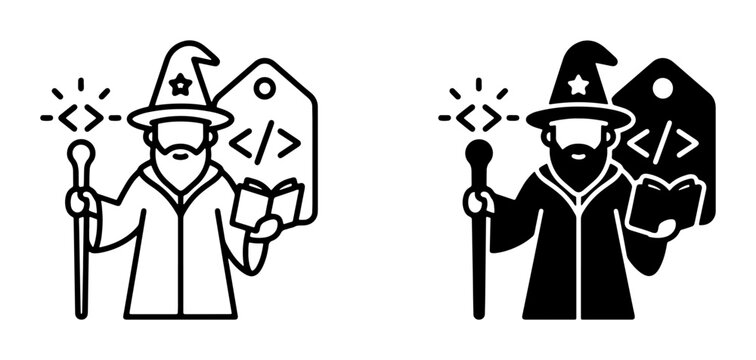 Wizard Coding Magic, Software Development Wizardry, Tag Icon, Book Icon, Magic Wand Icon, Vector Set