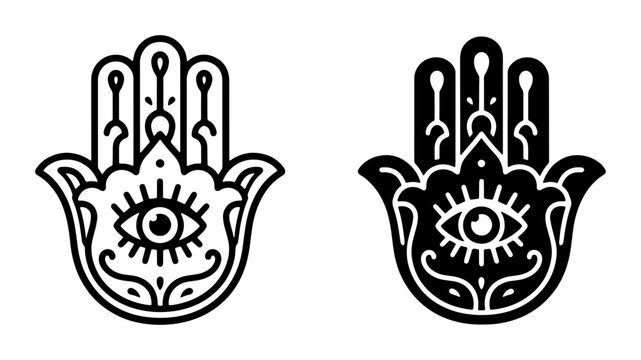 Hamsa Hand Symbols, Evil Eye Talisman Icons, Mystical Protection Graphics, Spiritual Amulets, Black and White Vector Art