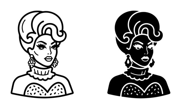 Glamorous Drag Queen Portrait Vector Art, Bold Stylized Female Icon, Retro Diva Silhouette, Vibrant Performance Character Illustration