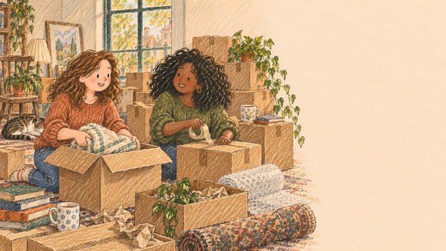Two diverse friends packing cardboard boxes together for moving house, crayon style illustration with copy space