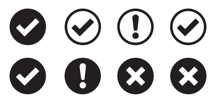 Minimalist black stroke and solid circular icons collection including check mark error and alert symbols.