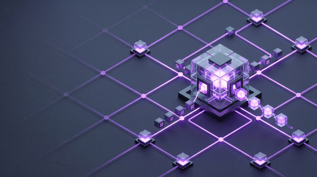 Isometric 3D render of central glass validator node verifying transaction blocks across glowing purple Proof of Stake network grid on dark slate backdrop with copy space
