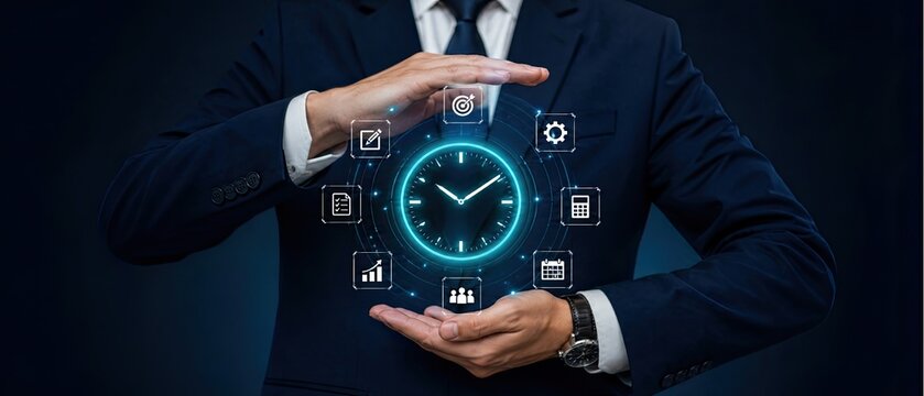 Businessman in dark blue suit holding glowing holographic clock face with project management and productivity icons to represent efficient time organization.