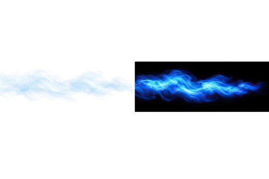 Abstract split screen displaying soft white smoke against light background juxtaposed with vibrant glowing blue ethereal energy waves on deep black backdrop design.