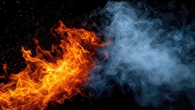 Fiery orange flames clash against swirling blue smoke in a dramatic display of elemental energy and contrasting temperature for cinematic background designs.