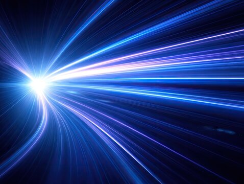 Futuristic abstract light trails motion background featuring vibrant blue horizontal lines rushing towards bright central point for high speed technology design.