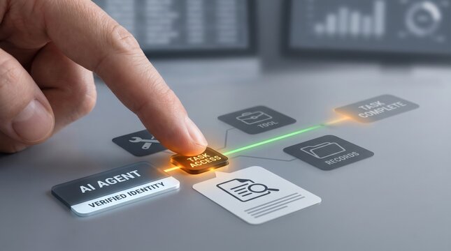 AI Agent Identity - A human hand authorizes limited access for an AI agent, granting temporary permission to specific digital records for a defined task.