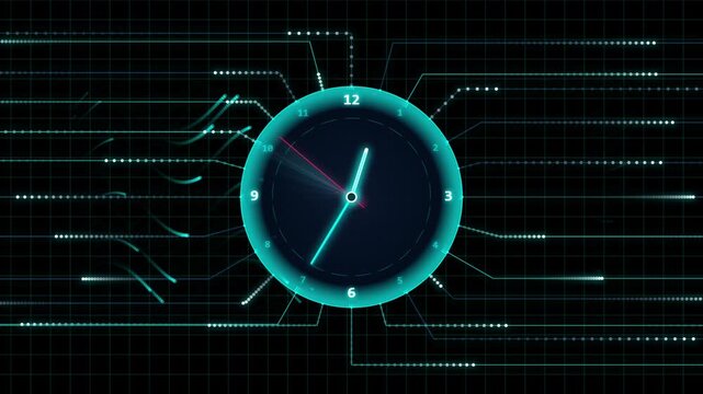 Futuristic cyan HUD digital clock animation with glowing network data lines on dark grid background