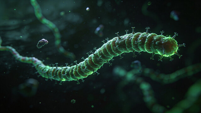 Microscopic tardigrade floats through a dark aquatic environment. Its segmented body and tiny claws appear in detail under magnification. Biology research and education concept.