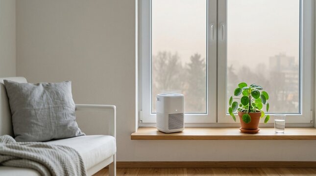 Compact white air purifier operating on a wooden window sill next to a potted plant