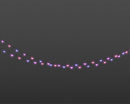 Festive string lights glow with soft purple, pink, and blue hues. The bulbs are spaced evenly along two black cords forming a slight curve. This decorative setup is ideal for holiday or.