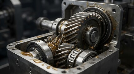Fototapeta premium Close-up of a mechanical gearbox with gears and lubricants in an industrial setting